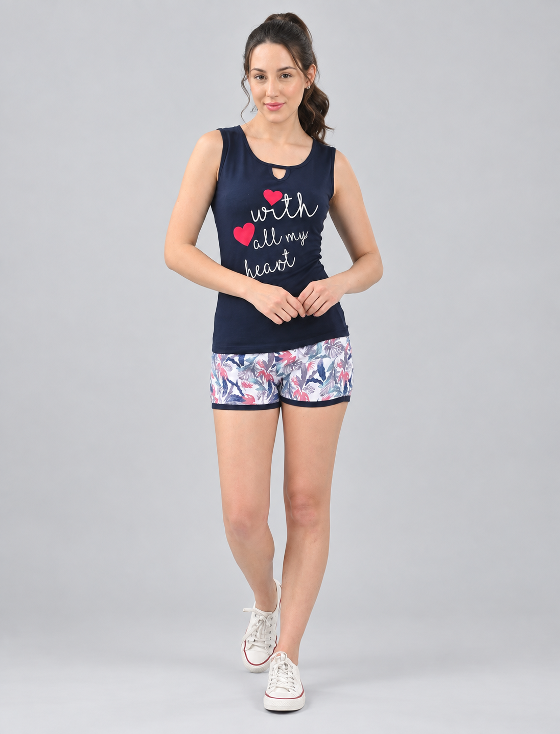 Women’s Navy Heart Print Top & Floral Shorts Co-ord Set