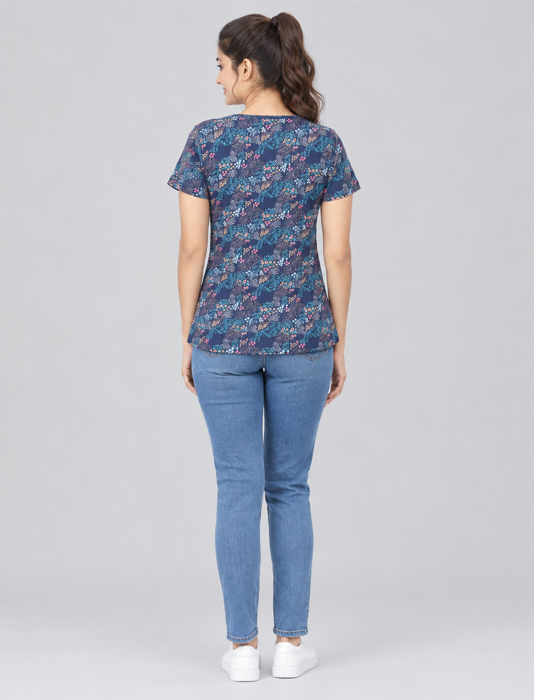 Women’s Printed Short-Sleeve Top with Criss-Cross V-Neck