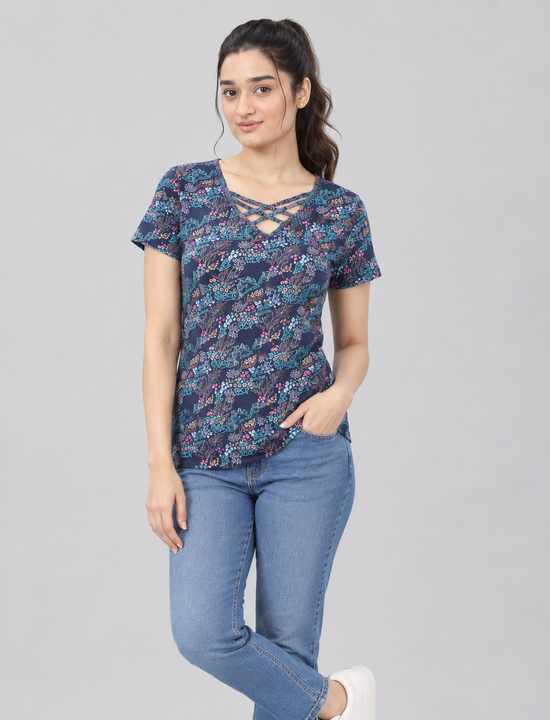 Women’s Printed Short-Sleeve Top with Criss-Cross V-Neck