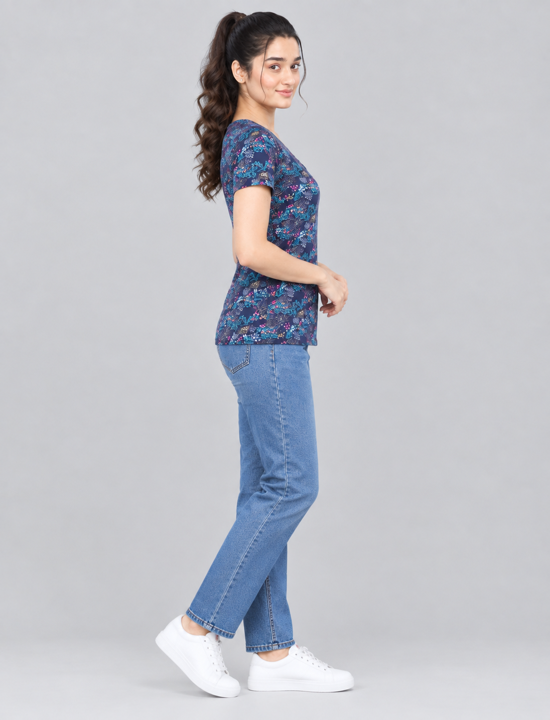 Women’s Printed Short-Sleeve Top with Criss-Cross V-Neck