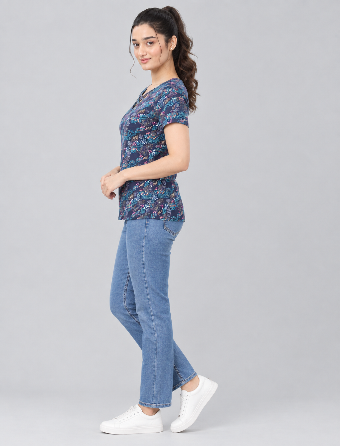 Women’s Printed Short-Sleeve Top with Criss-Cross V-Neck