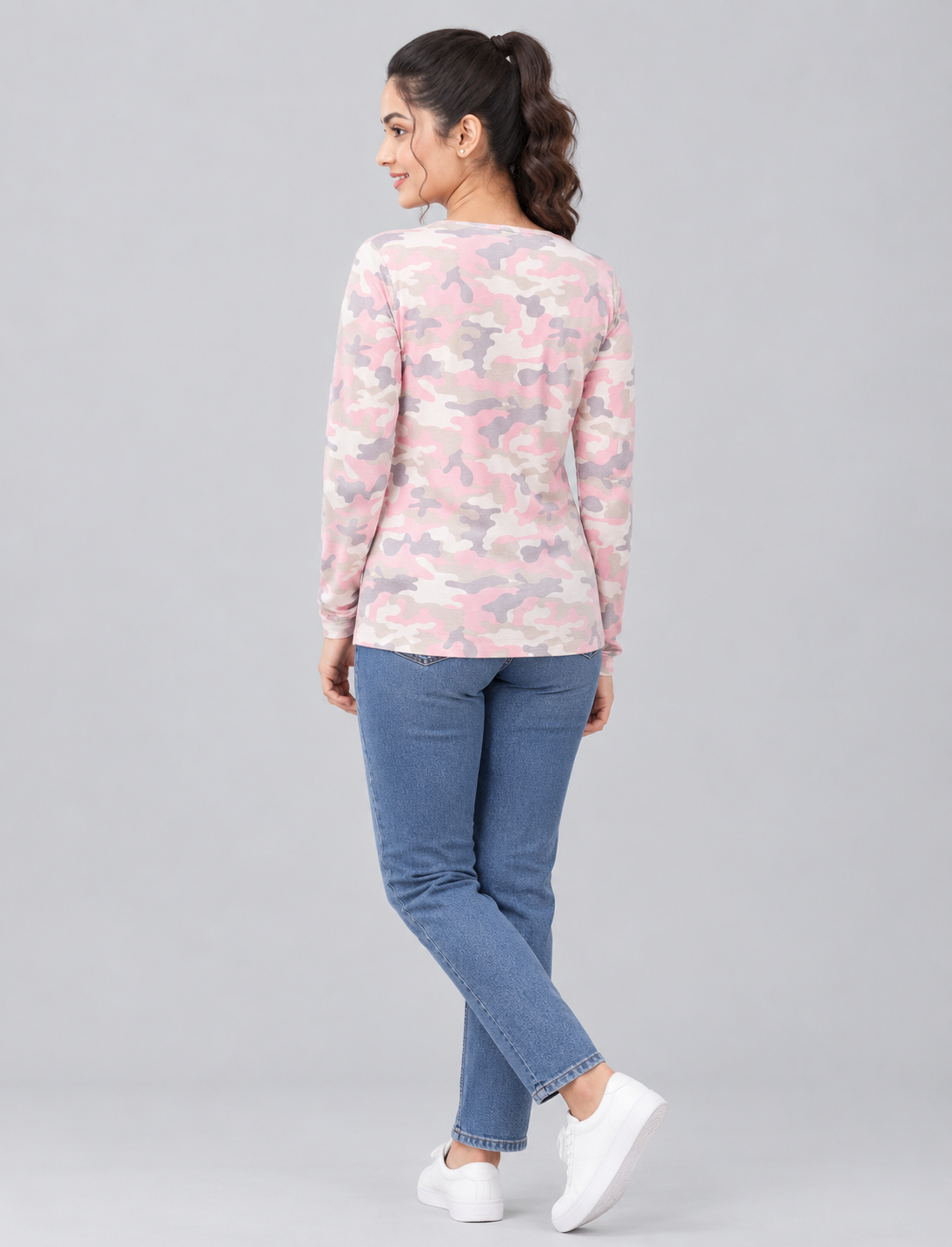 Women’s Pink Camouflage Full-Sleeve Criss-Cross Neck Top