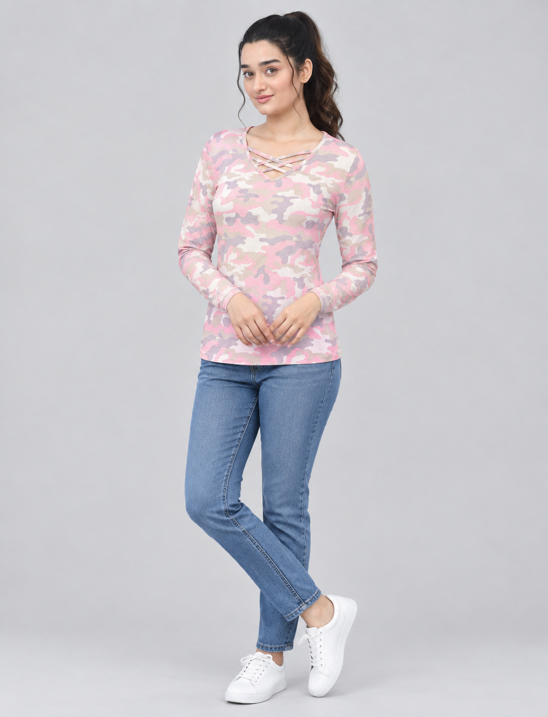 Women’s Pink Camouflage Full-Sleeve Criss-Cross Neck Top