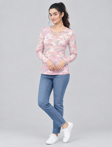 Women’s Pink Camouflage Full-Sleeve Criss-Cross Neck Top