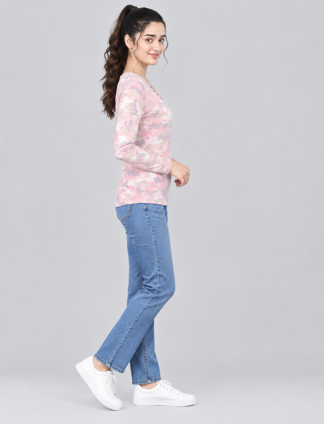 Women’s Pink Camouflage Full-Sleeve Criss-Cross Neck Top