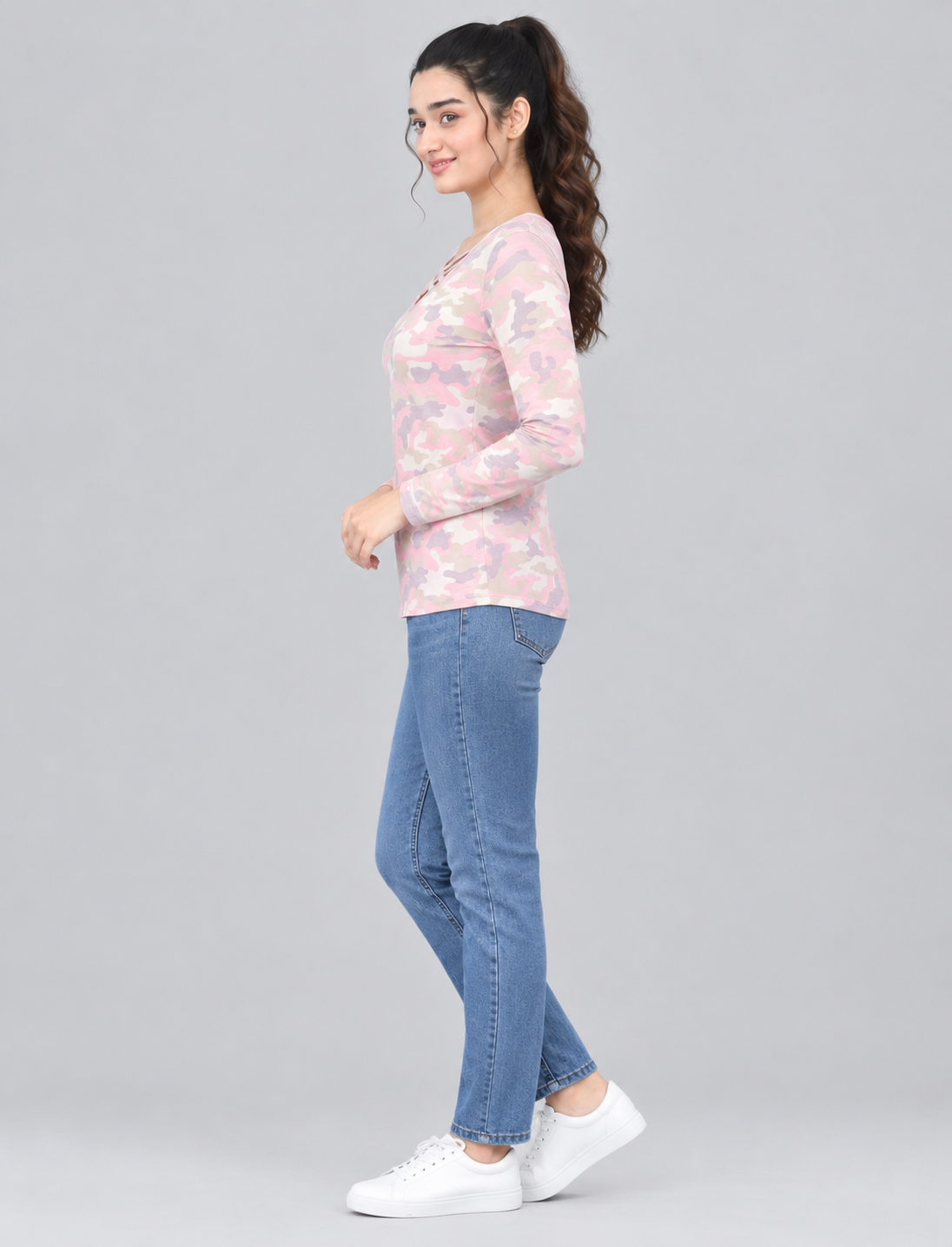 Women’s Pink Camouflage Full-Sleeve Criss-Cross Neck Top