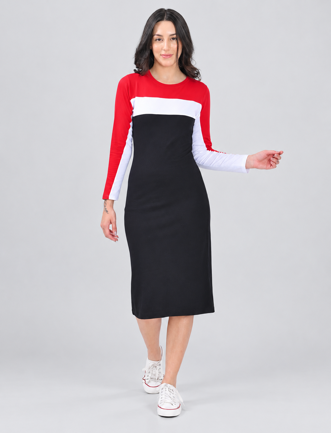 Women’s Tri-Colour Color-Block Long-Sleeve Midi Dress