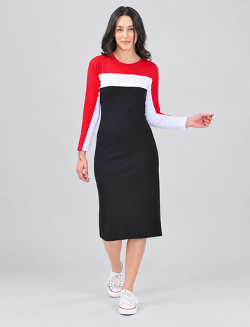 Women’s Tri-Colour Color-Block Long-Sleeve Midi Dress