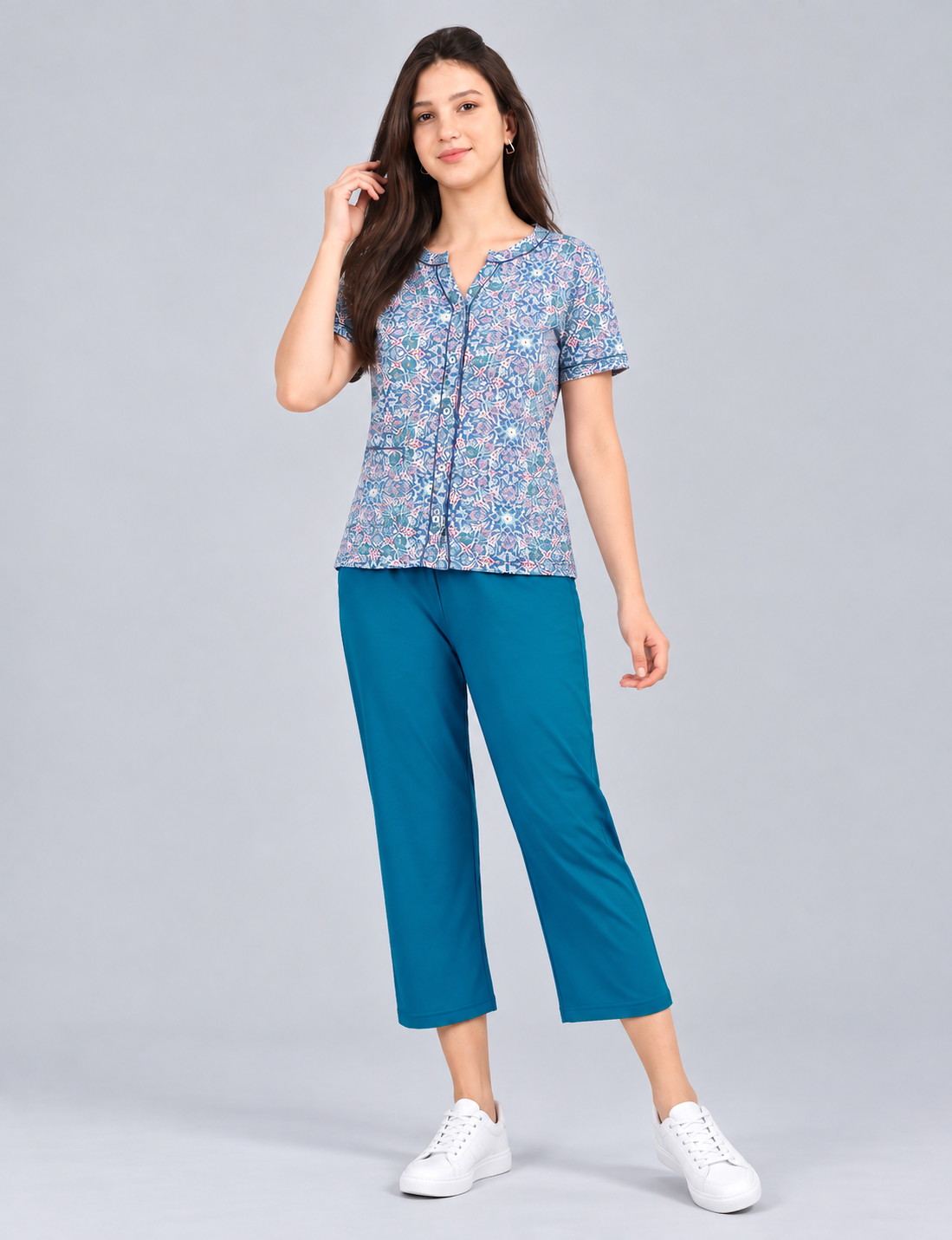 Women’s Printed Short-Sleeve Homewear Set with Capris